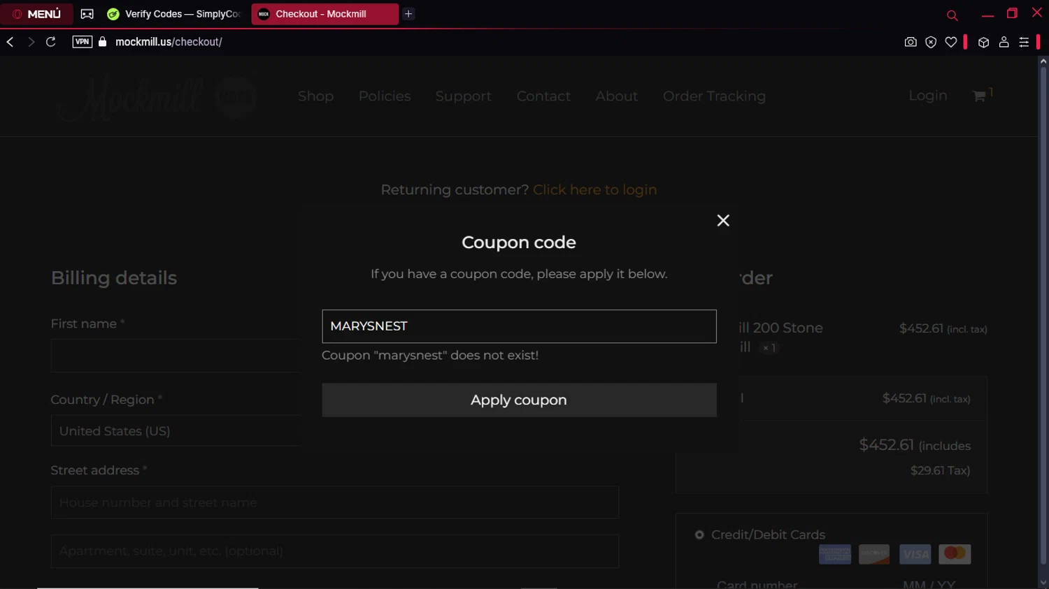 Mockmill coupon code screenshot showing code MARYSNEST applied at Mockmill checkout page. Uploaded by SimplyCodes community member ExtraordinaryPioneer5969 on Feb 22, 2025
