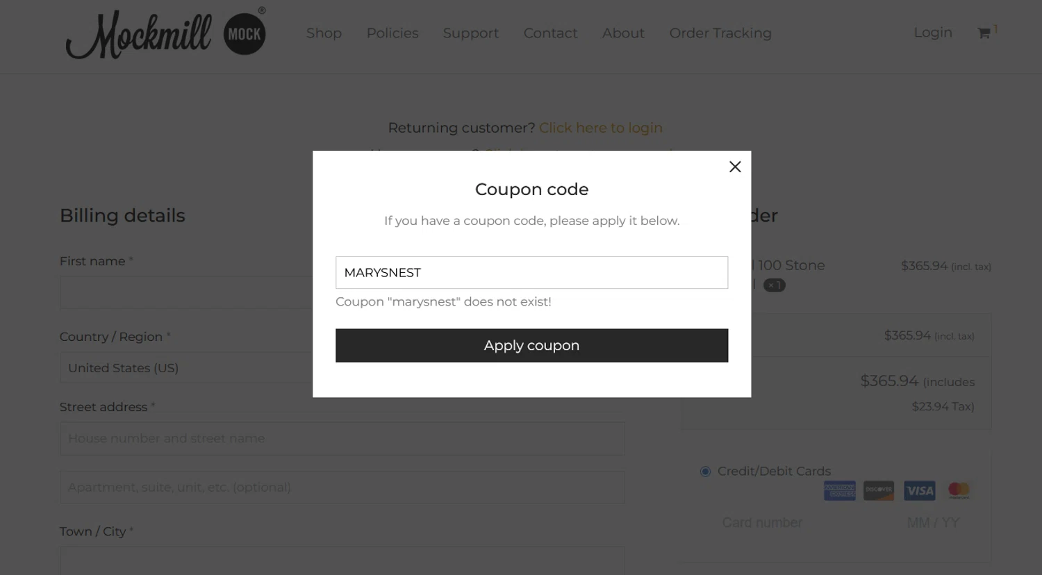 Mockmill coupon code screenshot showing code MARYSNEST applied at Mockmill checkout page. Uploaded by SimplyCodes community member CouponHero3179 on Mar 20, 2025