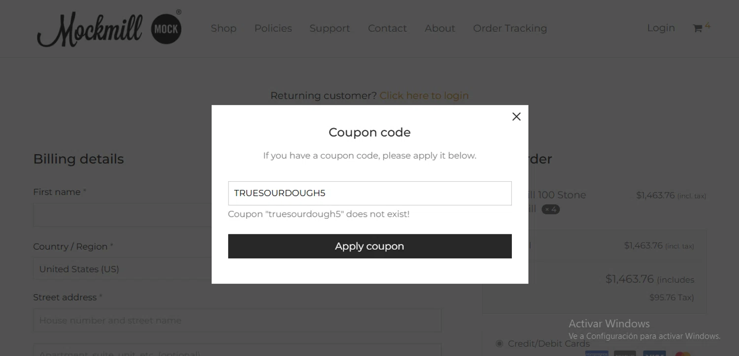 Mockmill coupon code screenshot showing code TRUESOURDOUGH5 applied at Mockmill checkout page. Uploaded by SimplyCodes community member PANDITA on Mar 21, 2025