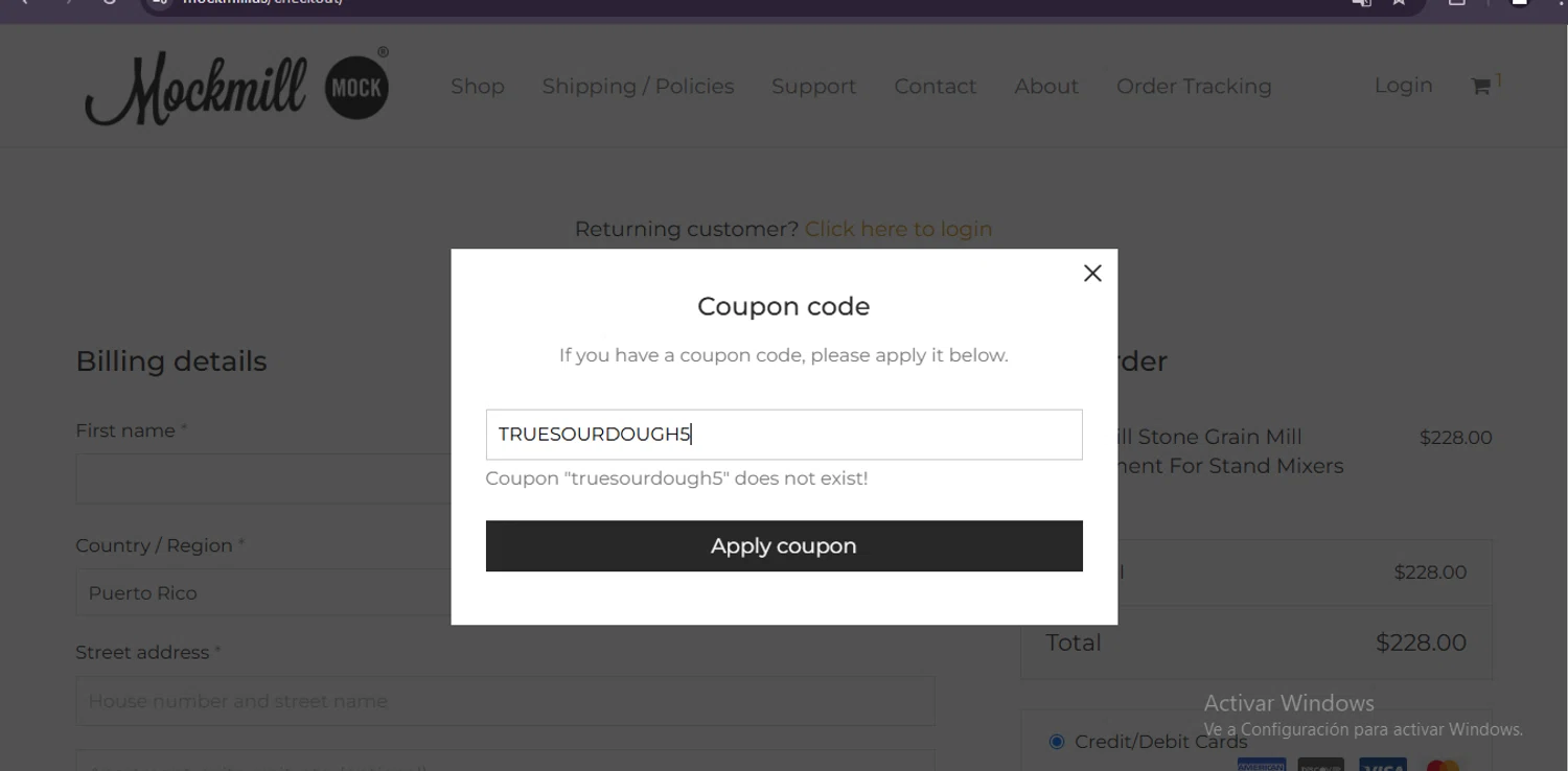 Mockmill coupon code screenshot showing code TRUESOURDOUGH5 applied at Mockmill checkout page. Uploaded by SimplyCodes community member GoldAce6962 on Jan 3, 2025