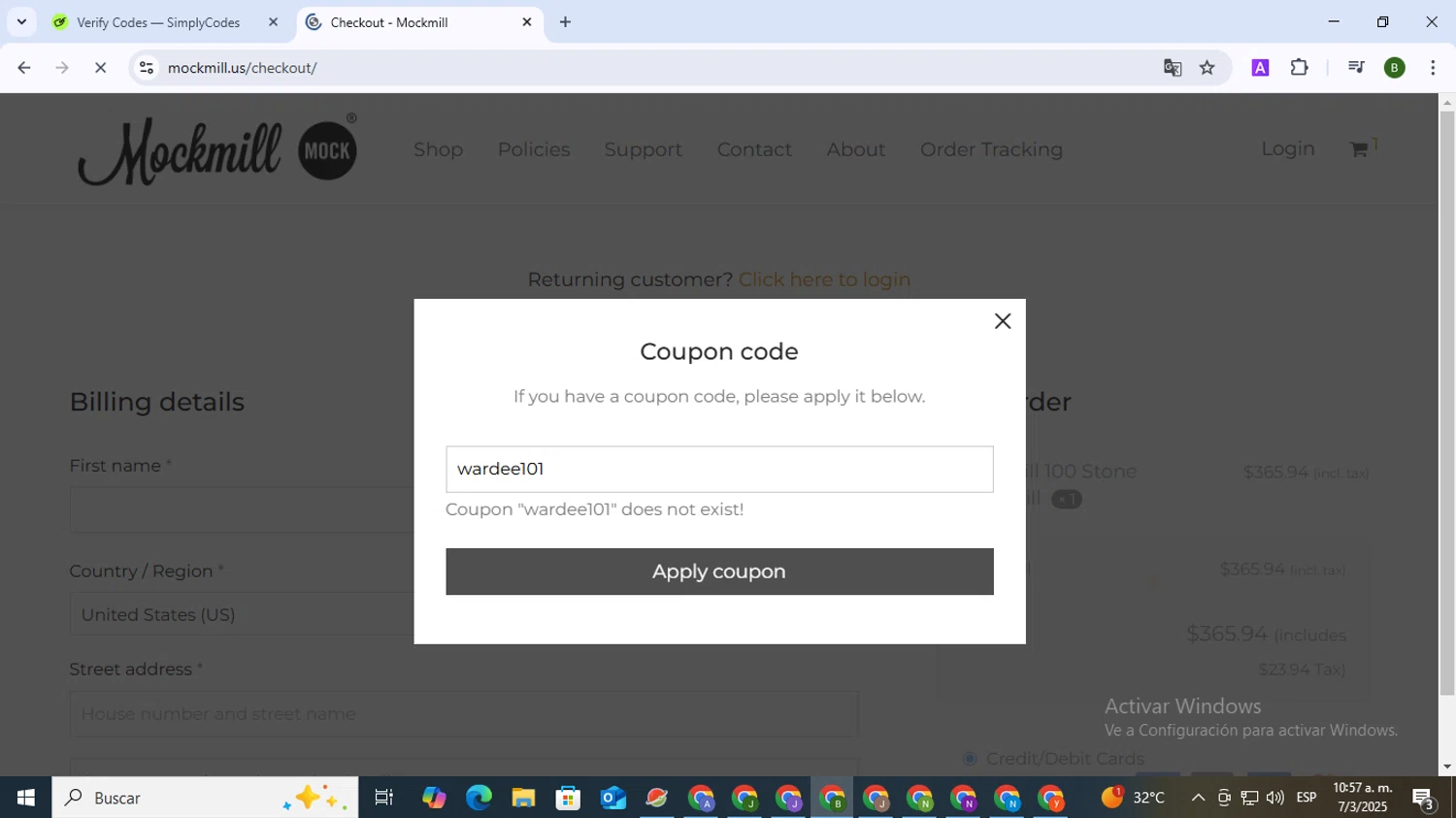 Mockmill coupon code screenshot showing code wardee101 applied at Mockmill checkout page. Uploaded by SimplyCodes community member SaleVirtuoso5993 on Mar 7, 2025