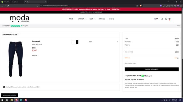 Moda di Andrea checkout page showing Moda di Andrea promo code box | Screenshot taken by SimplyCodes community member on Jun 13, 2025