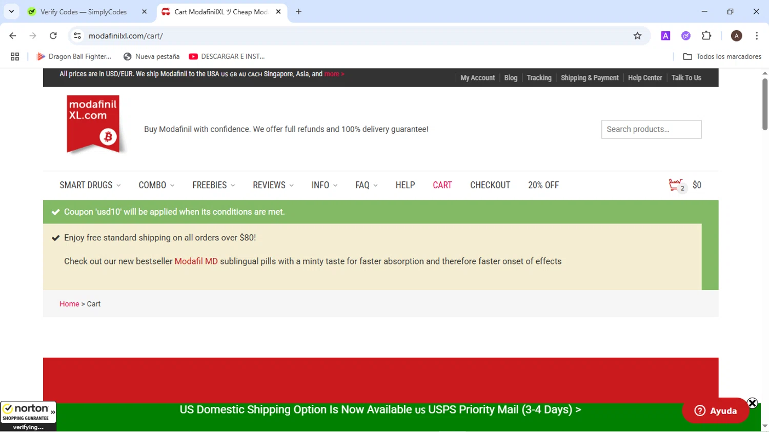 ModafinilXL discount code screenshot showing code USD10 applied at ModafinilXL checkout page. Uploaded by SimplyCodes community member BudgetMaven6078 on Jun 20, 2025