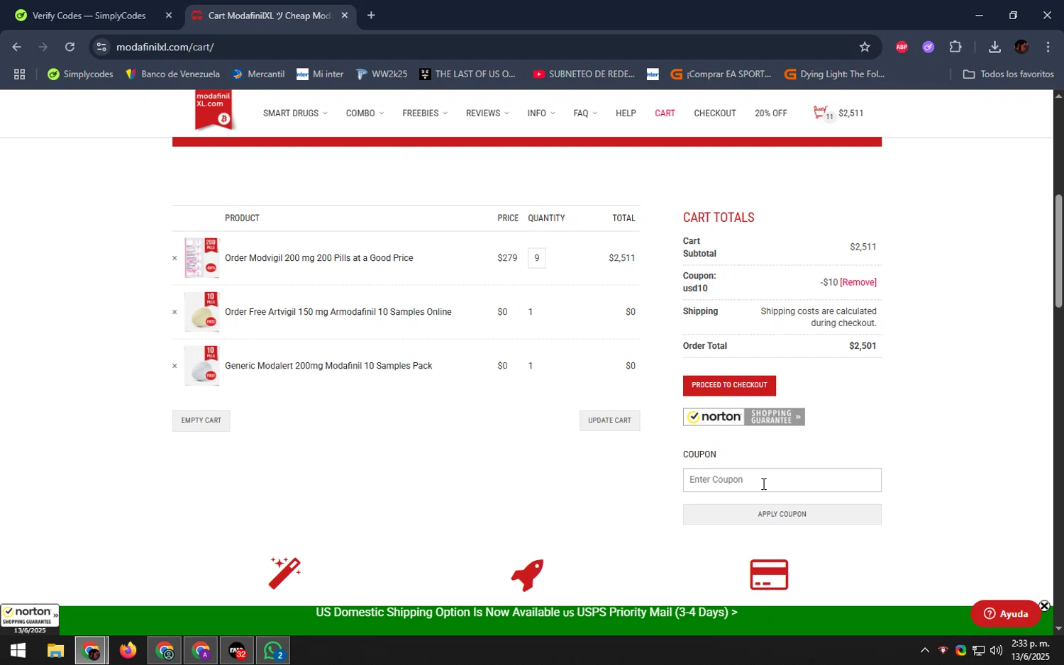 ModafinilXL discount code screenshot showing code USD10 applied at ModafinilXL checkout page. Uploaded by SimplyCodes community member DealEagle493 on Jun 13, 2025