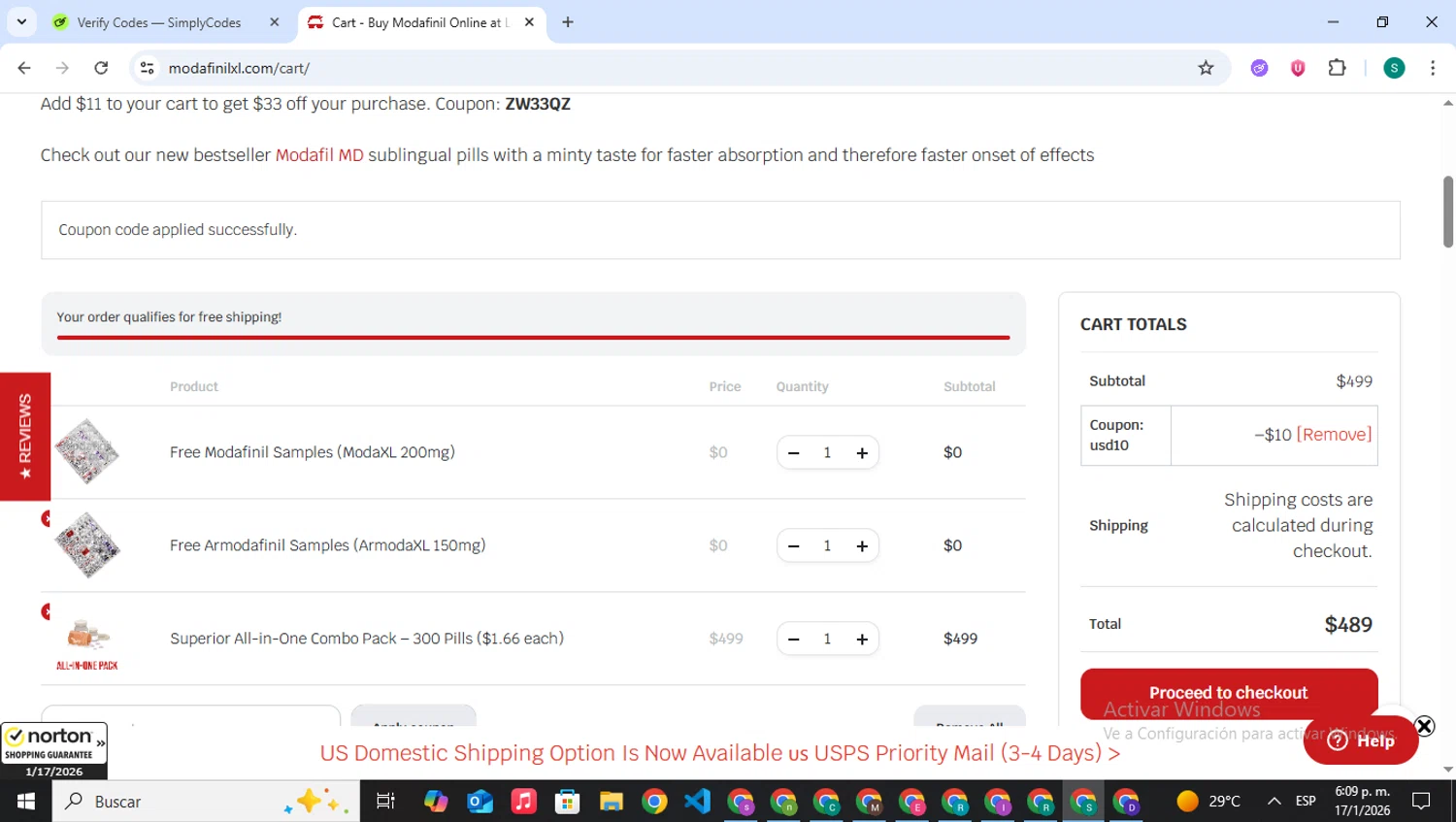 ModafinilXL discount code screenshot showing code USD10 applied at ModafinilXL checkout page. Uploaded by SimplyCodes community member VictoriousPilot5281 on Jan 17, 2026