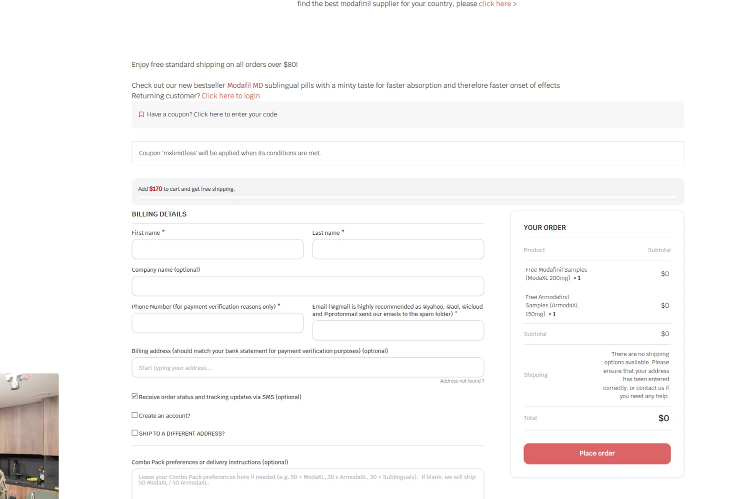 ModafinilXL checkout page showing ModafinilXL discount code box | Screenshot taken by SimplyCodes community member on Feb 3, 2026