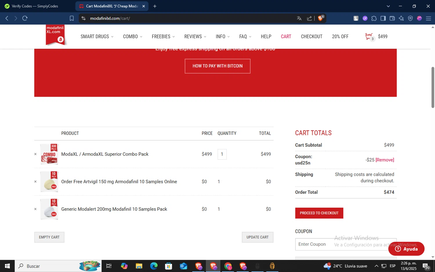 ModafinilXL discount code screenshot showing code USD25N applied at ModafinilXL checkout page. Uploaded by SimplyCodes community member TokenSaver1205 on Jun 13, 2025