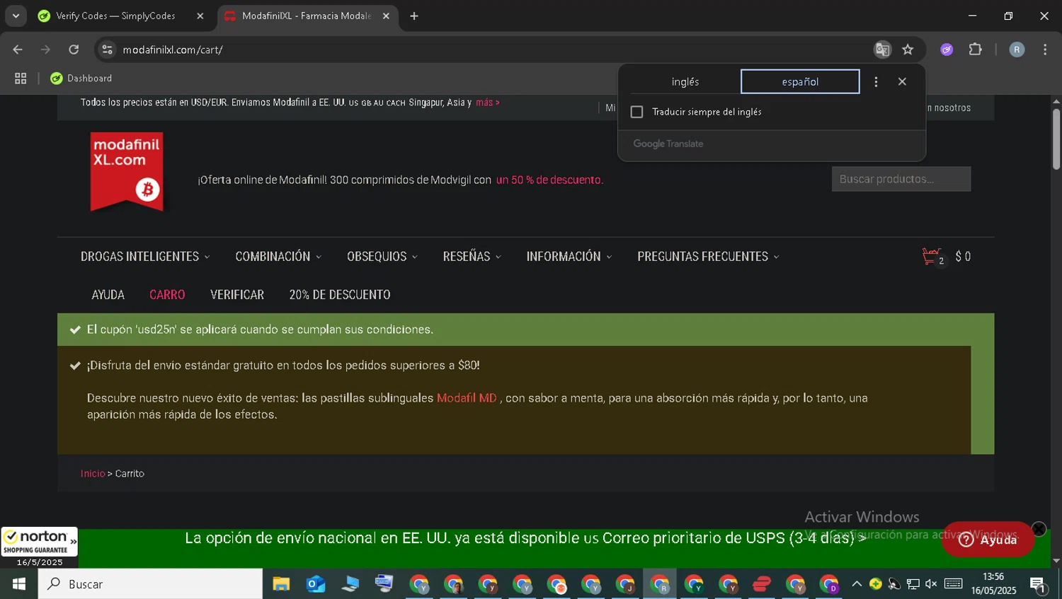 ModafinilXL discount code screenshot showing code USD25N applied at ModafinilXL checkout page. Uploaded by SimplyCodes community member WonderCollector7587 on May 16, 2025