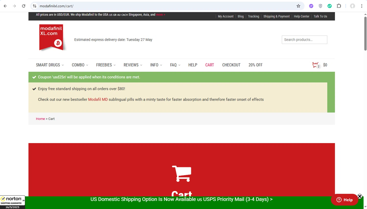 ModafinilXL discount code screenshot showing code USD25N applied at ModafinilXL checkout page. Uploaded by SimplyCodes community member ronaldacunajr13 on May 16, 2025