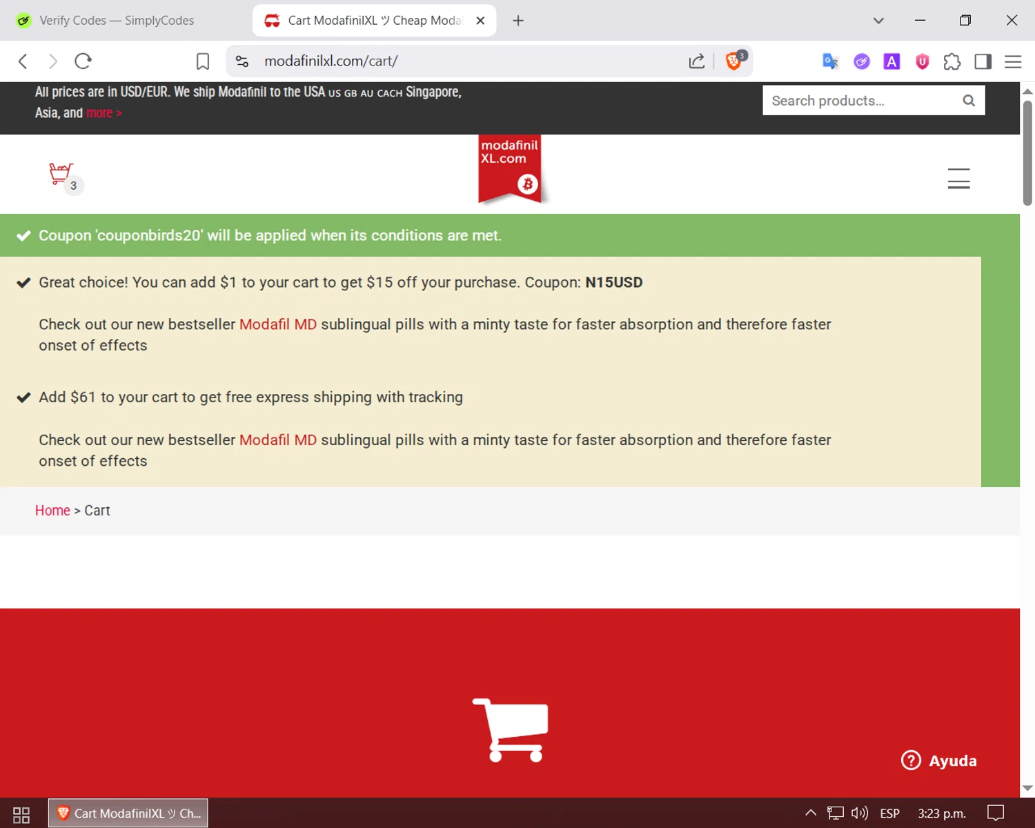 ModafinilXL discount code screenshot showing code COUPONBIRDS20 applied at ModafinilXL checkout page. Uploaded by SimplyCodes community member LuckyPilot205 on Jun 13, 2025