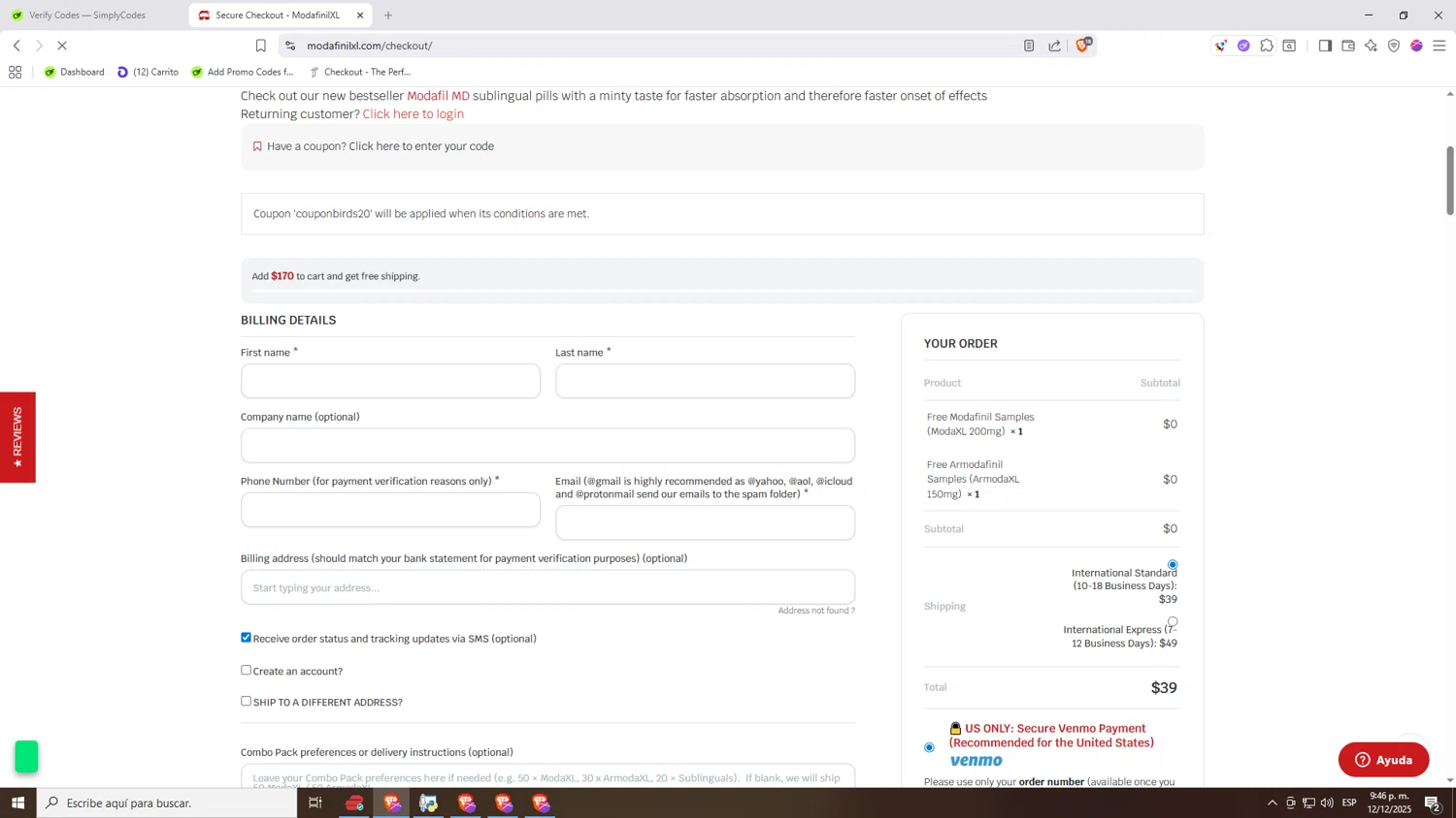 ModafinilXL discount code screenshot showing code COUPONBIRDS20 applied at ModafinilXL checkout page. Uploaded by SimplyCodes community member Nezukooo on Dec 13, 2025