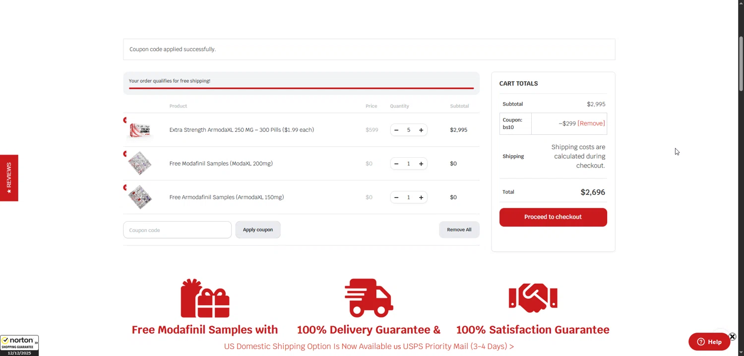 ModafinilXL discount code screenshot showing code bs10 applied at ModafinilXL checkout page. Uploaded by SimplyCodes community member varusitochambeador3 on Dec 13, 2025