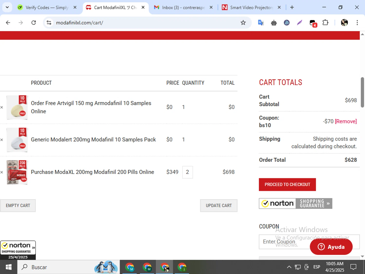 ModafinilXL discount code screenshot showing code bs10 applied at ModafinilXL checkout page. Uploaded by SimplyCodes community member mariapolancog on Apr 25, 2025
