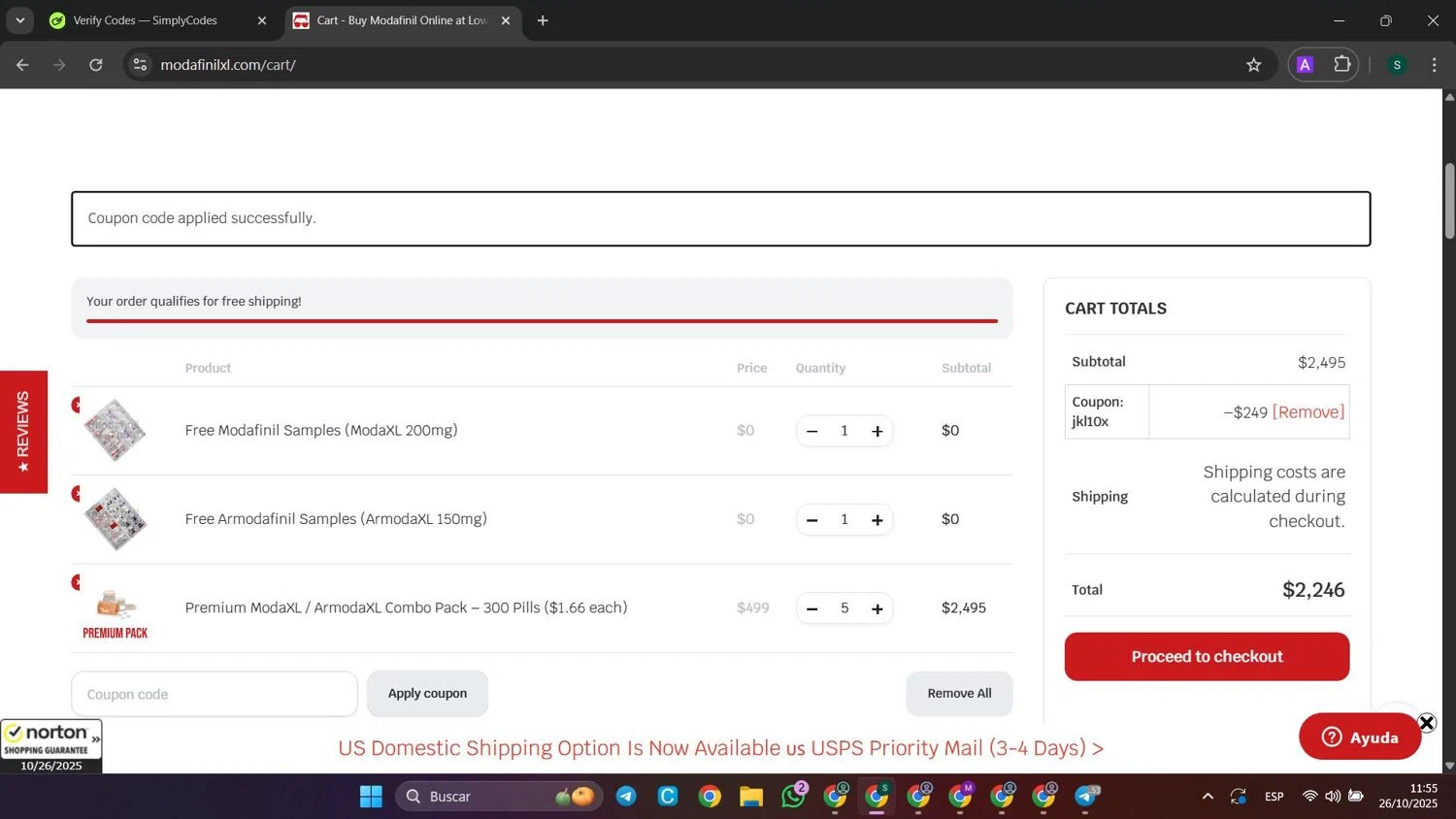 ModafinilXL discount code screenshot showing code Jkl10x applied at ModafinilXL checkout page. Uploaded by SimplyCodes community member SaleHunter9008 on Oct 26, 2025