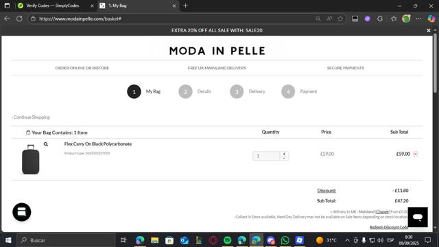 Moda in Pelle checkout page showing Moda in Pelle discount code box | Screenshot taken by SimplyCodes community member on Sep 9, 2025