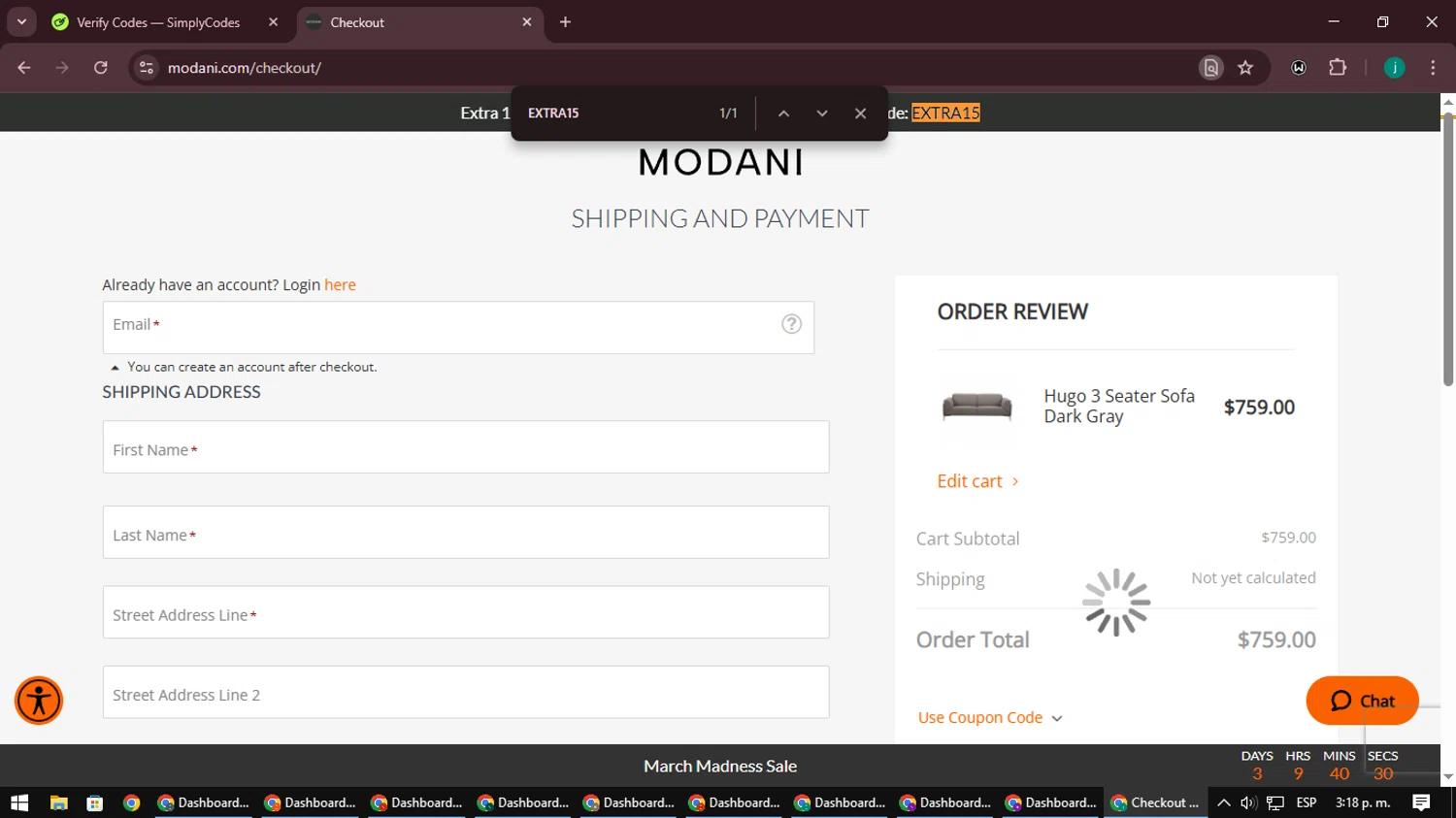 Modani Furniture checkout page showing Modani Furniture discount code box | Screenshot taken by SimplyCodes community member on Mar 6, 2025