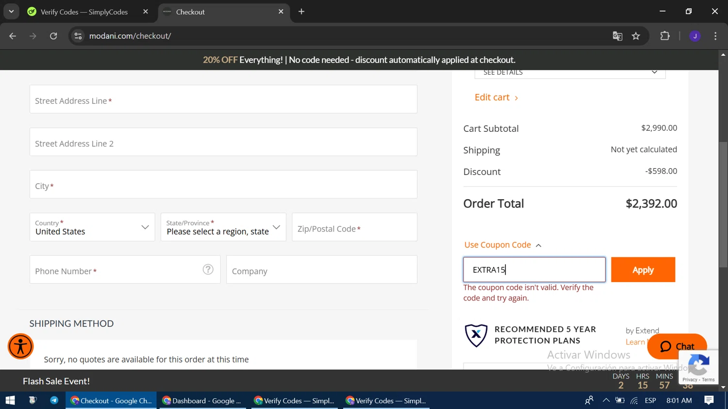 Modani Furniture discount code screenshot showing code EXTRA15 applied at Modani Furniture checkout page. Uploaded by SimplyCodes community member ExtraordinaryWizard9697 on Apr 4, 2025