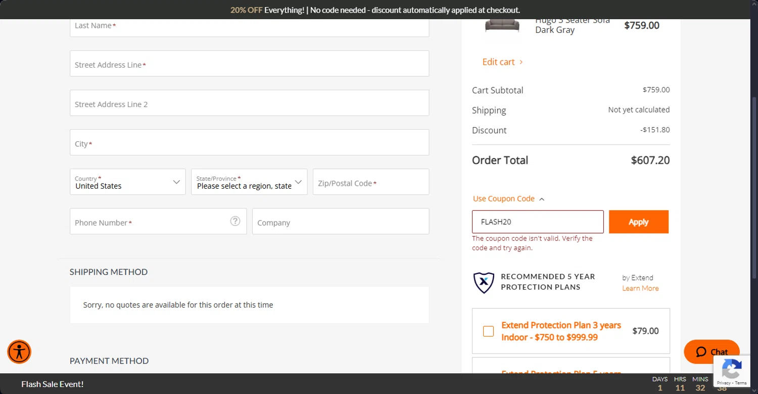 Modani Furniture discount code screenshot showing code FLASH20 applied at Modani Furniture checkout page. Uploaded by SimplyCodes community member Cintirivero on Apr 5, 2025