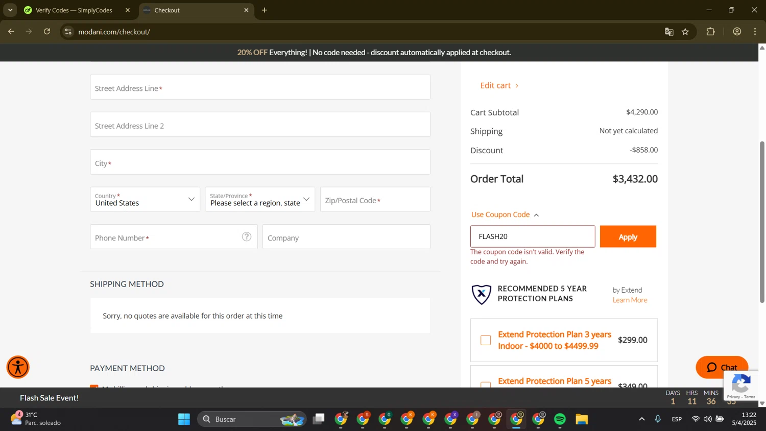 Modani Furniture discount code screenshot showing code FLASH20 applied at Modani Furniture checkout page. Uploaded by SimplyCodes community member DanielR24 on Apr 5, 2025