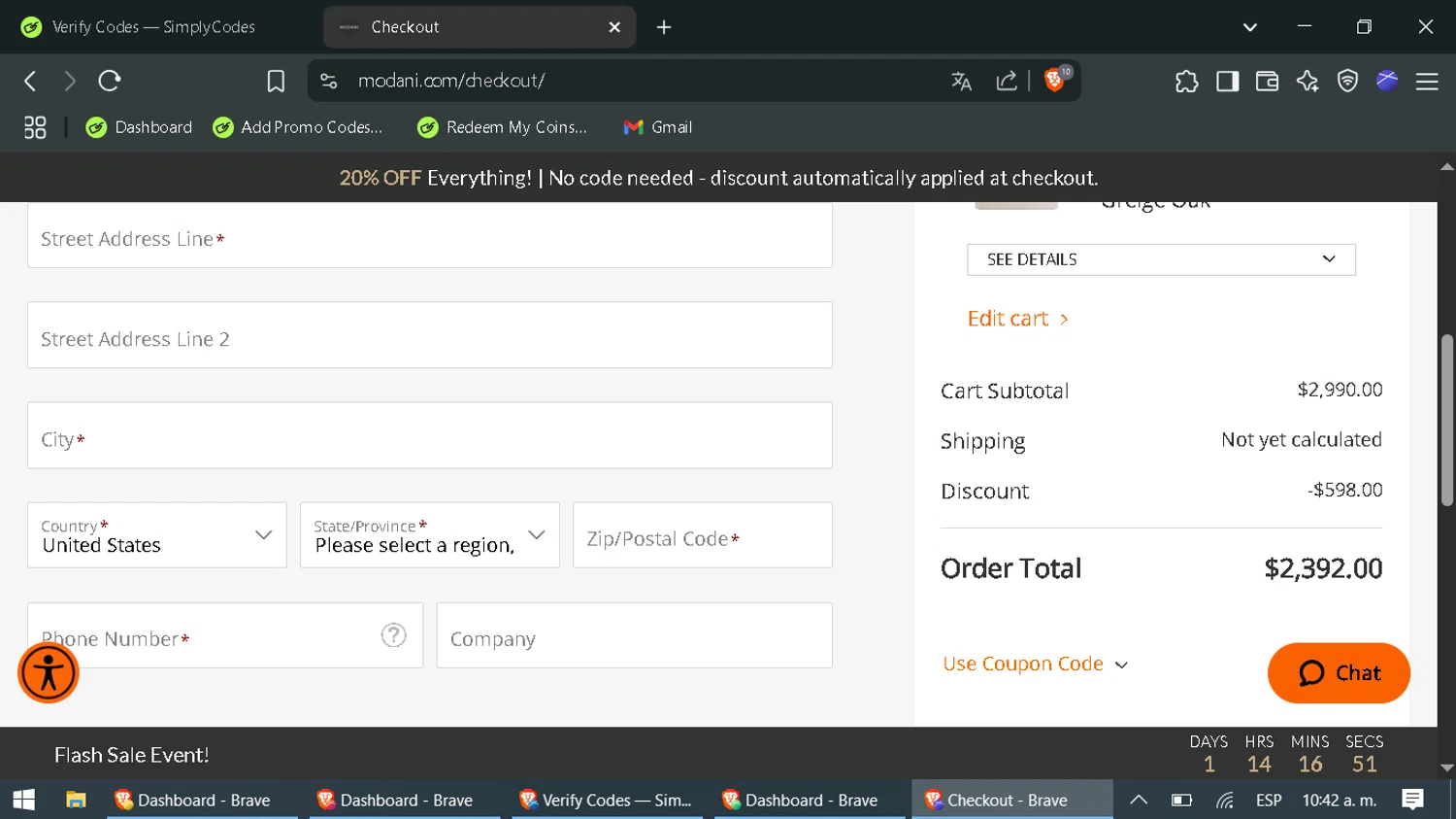Modani Furniture checkout page showing Modani Furniture discount code box | Screenshot taken by SimplyCodes community member on Apr 5, 2025