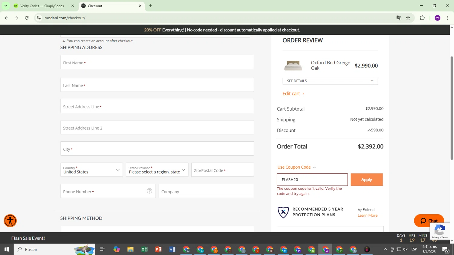 Modani Furniture discount code screenshot showing code FLASH20 applied at Modani Furniture checkout page. Uploaded by SimplyCodes community member TokenChaser7698 on Apr 5, 2025