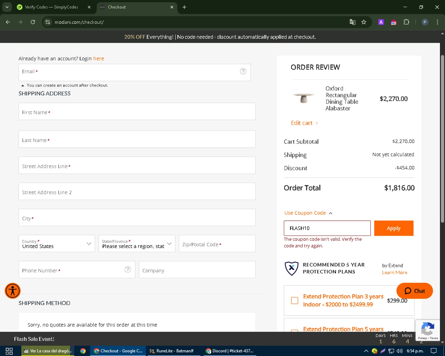 Modani Furniture discount code screenshot showing code FLASH10 applied at Modani Furniture checkout page. Uploaded by SimplyCodes community member QuieroDinero on Apr 5, 2025