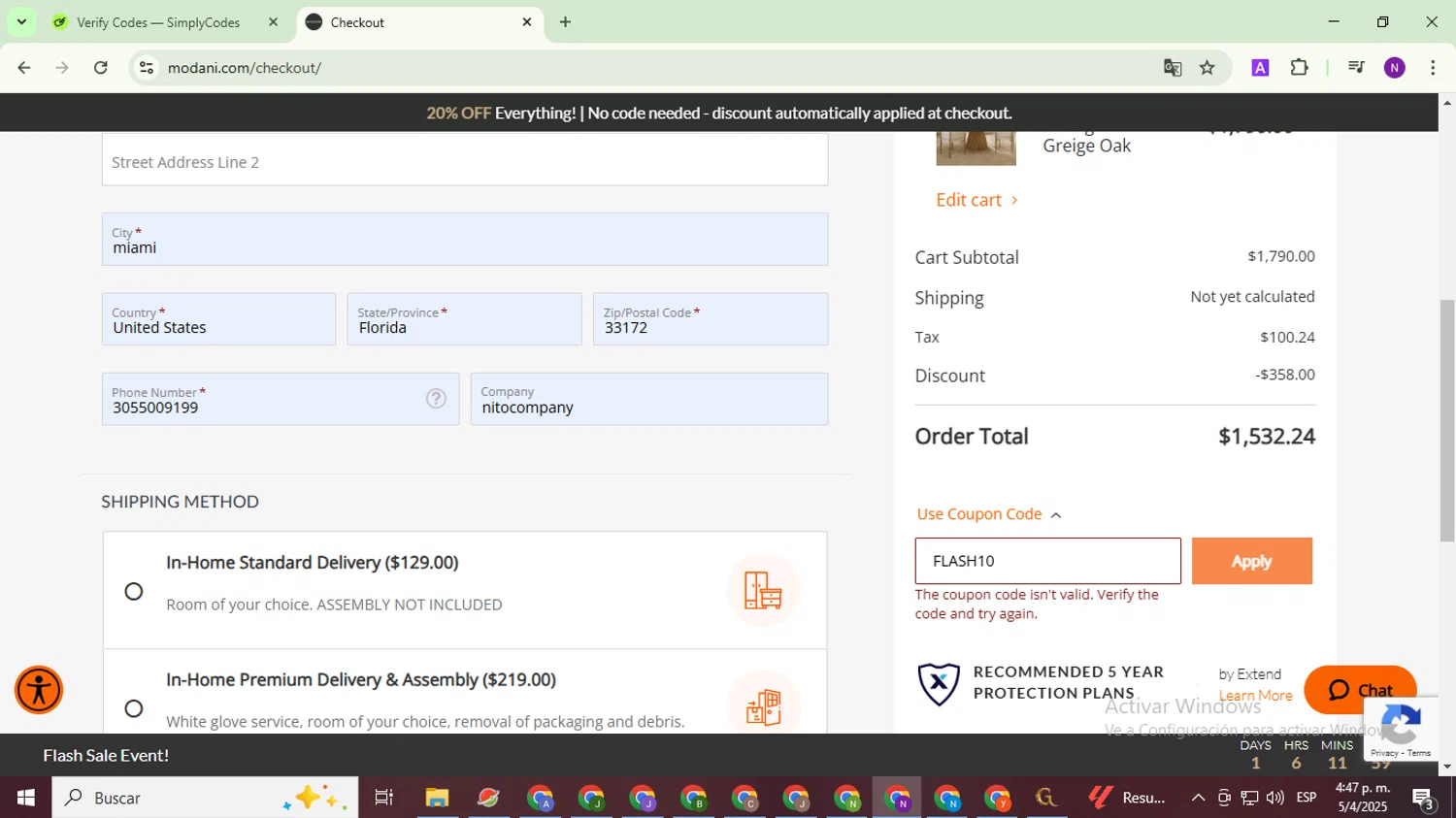 Modani Furniture discount code screenshot showing code FLASH10 applied at Modani Furniture checkout page. Uploaded by SimplyCodes community member QuestOwl9632 on Apr 5, 2025