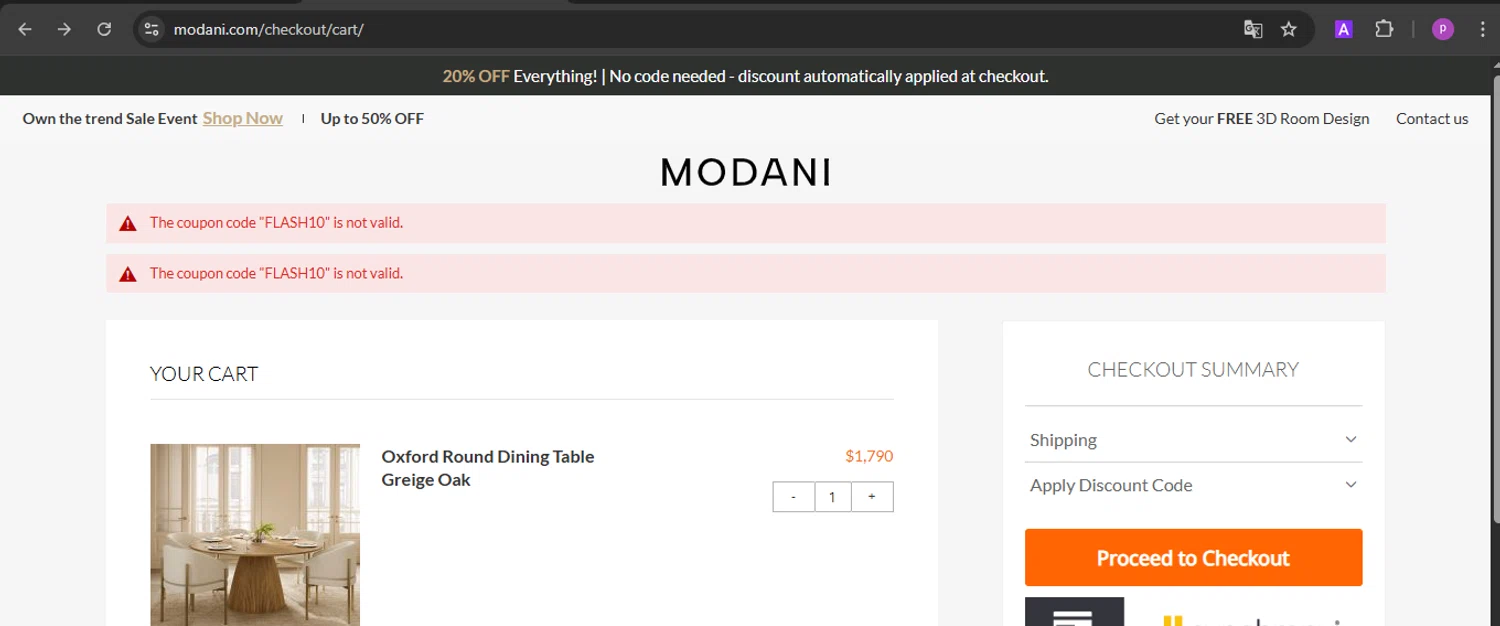 Modani Furniture discount code screenshot showing code FLASH10 applied at Modani Furniture checkout page. Uploaded by SimplyCodes community member firoas on Apr 5, 2025