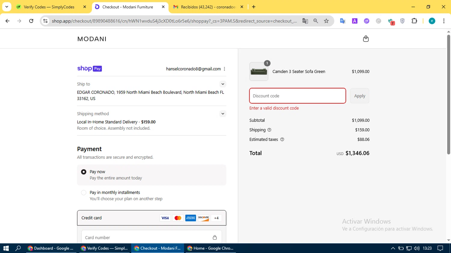 Modani Furniture discount code screenshot showing code WELCOME100 applied at Modani Furniture checkout page. Uploaded by SimplyCodes community member BonusVoyager4214 on Aug 18, 2025