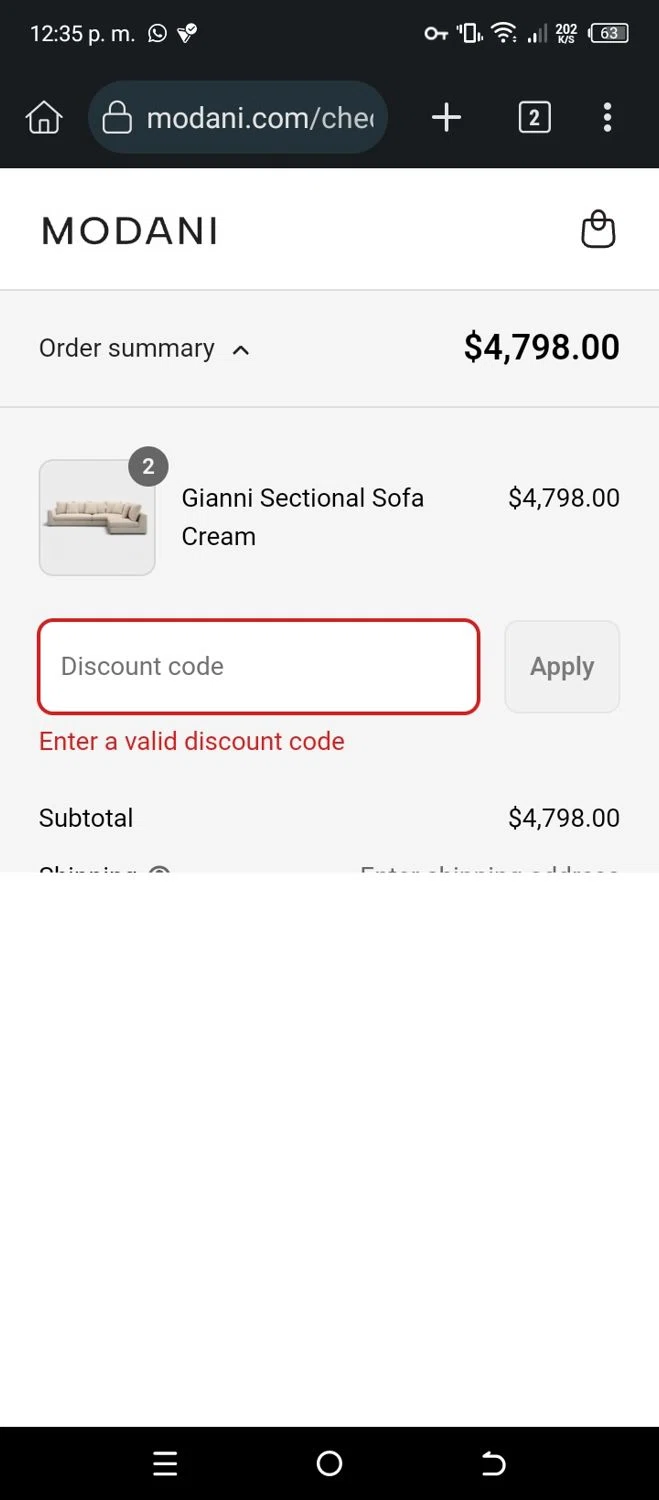 Modani Furniture discount code screenshot showing code WELCOME100 applied at Modani Furniture checkout page. Uploaded by SimplyCodes community member CleverSleuth6613 on Aug 18, 2025