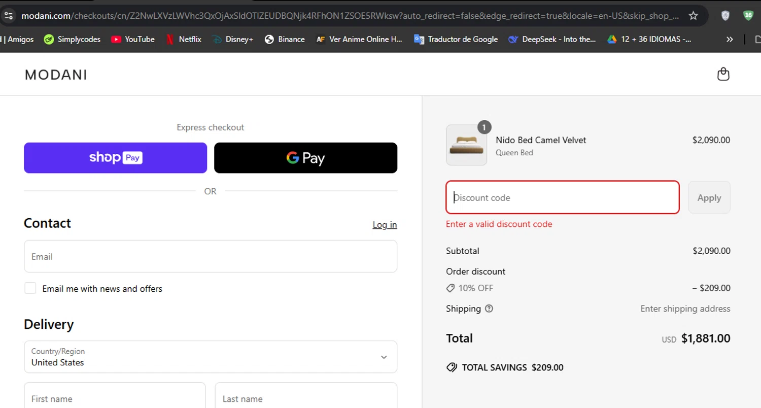 Modani Furniture checkout page showing Modani Furniture discount code box | Screenshot taken by SimplyCodes community member on Jun 1, 2025