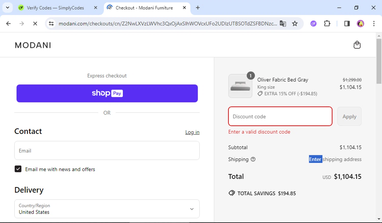 Modani Furniture discount code screenshot showing code 10%OFF applied at Modani Furniture checkout page. Uploaded by SimplyCodes community member PMALONE on Jun 16, 2025