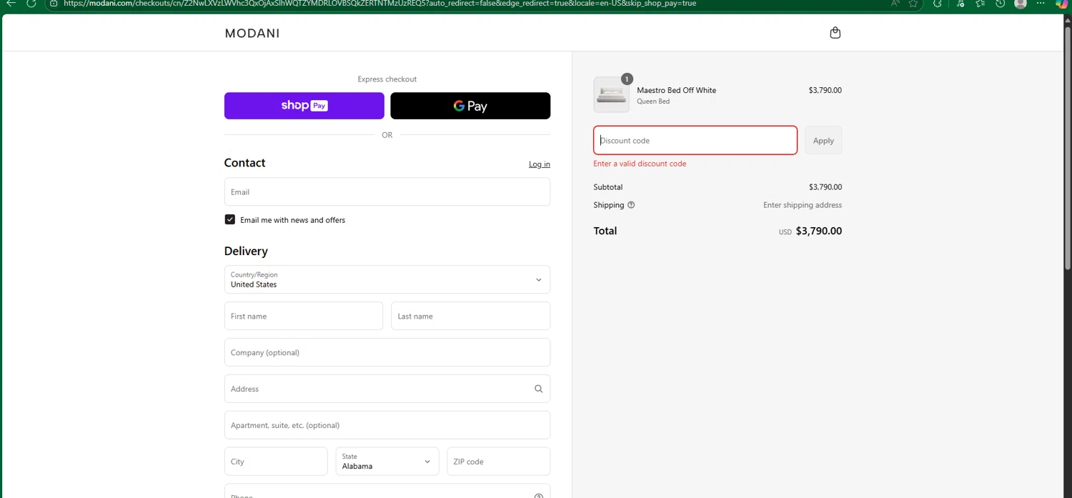 Modani Furniture discount code screenshot showing code 10%OFF applied at Modani Furniture checkout page. Uploaded by SimplyCodes community member chepipro on Jun 16, 2025