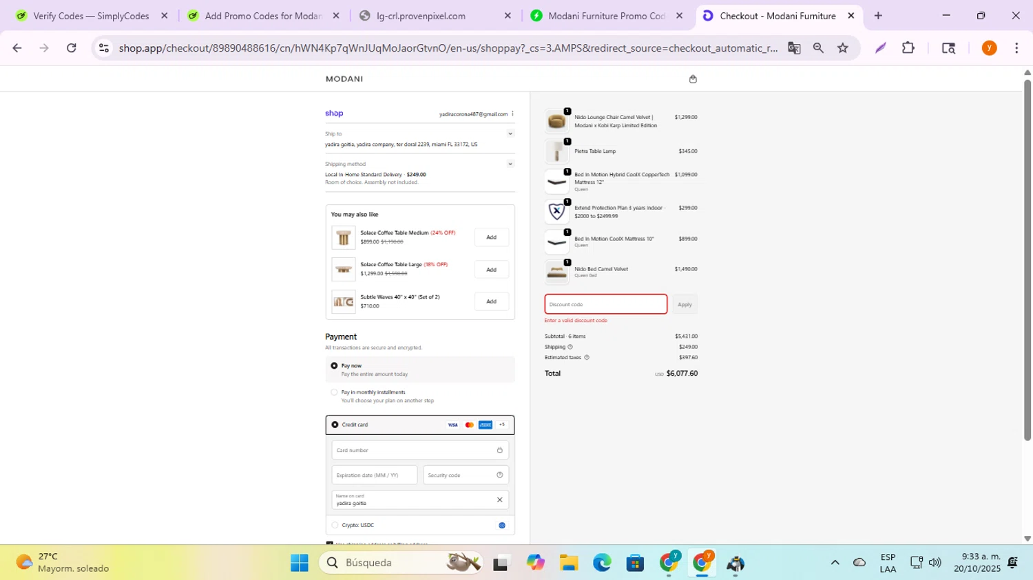 Modani Furniture discount code screenshot showing code EXTRA15 applied at Modani Furniture checkout page. Uploaded by SimplyCodes community member ycg487 on Oct 20, 2025