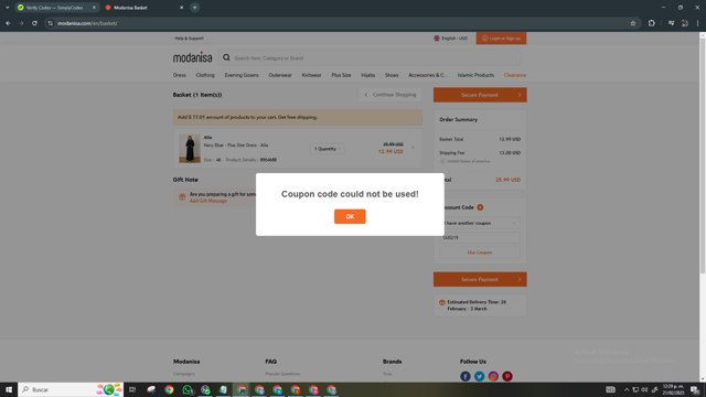 Modanisa checkout page showing Modanisa coupon code box | Screenshot taken by SimplyCodes community member on Feb 21, 2025