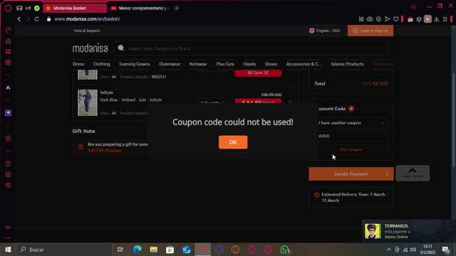 Modanisa checkout page showing Modanisa coupon code box | Screenshot taken by SimplyCodes community member on Mar 3, 2025
