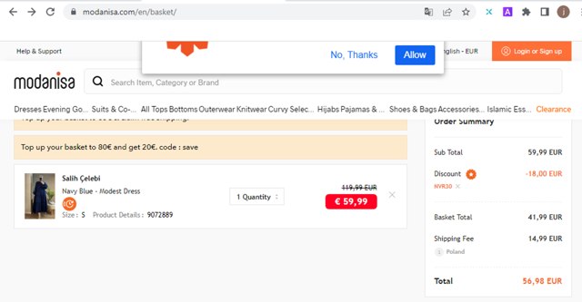 Modanisa checkout page showing Modanisa coupon code box | Screenshot taken by SimplyCodes community member on Feb 26, 2025