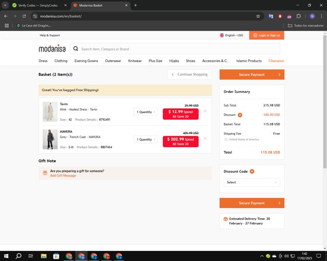 Modanisa checkout page showing Modanisa coupon code box | Screenshot taken by SimplyCodes community member on Feb 17, 2025