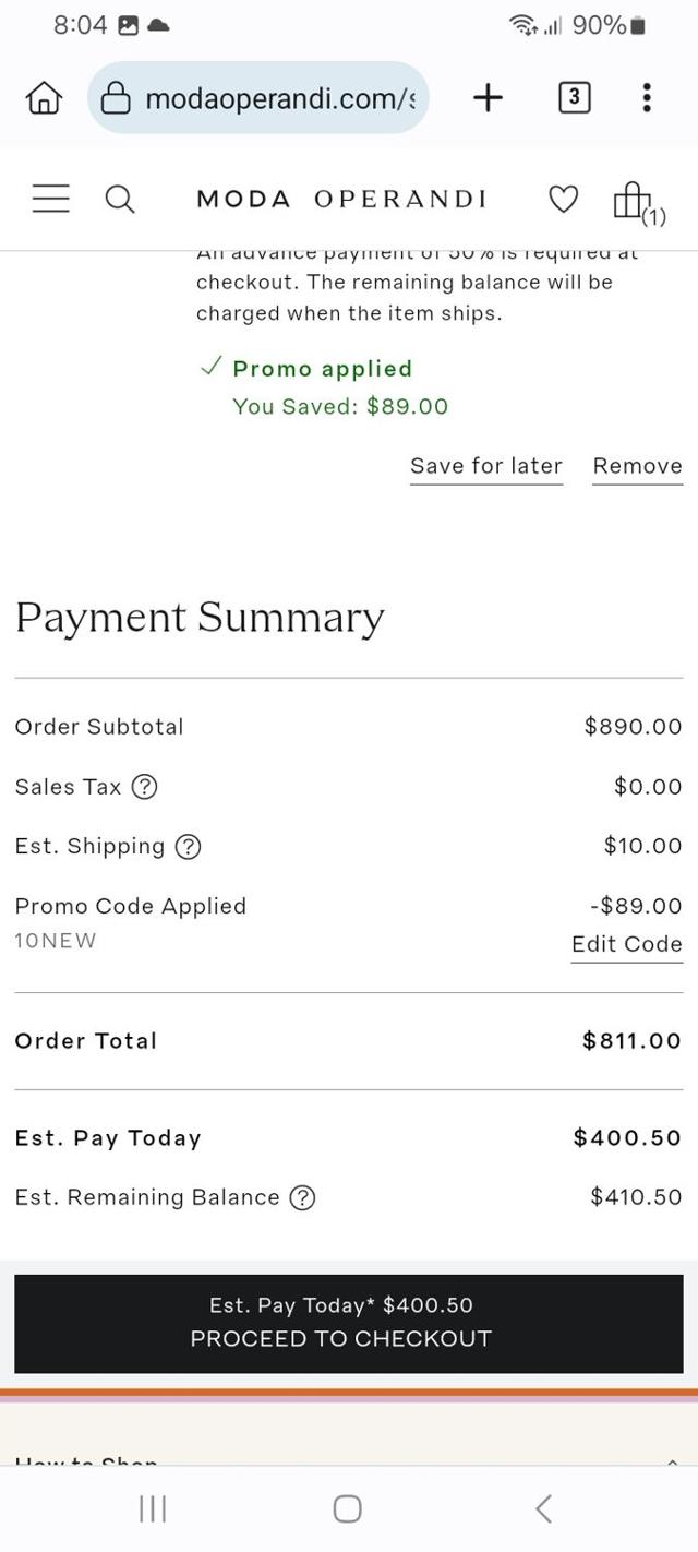 Moda Operandi checkout page showing Moda Operandi promo code box | Screenshot taken by SimplyCodes community member on Aug 27, 2025