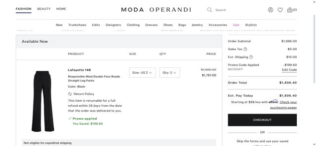 Moda Operandi checkout page showing Moda Operandi promo code box | Screenshot taken by SimplyCodes community member on Sep 4, 2025