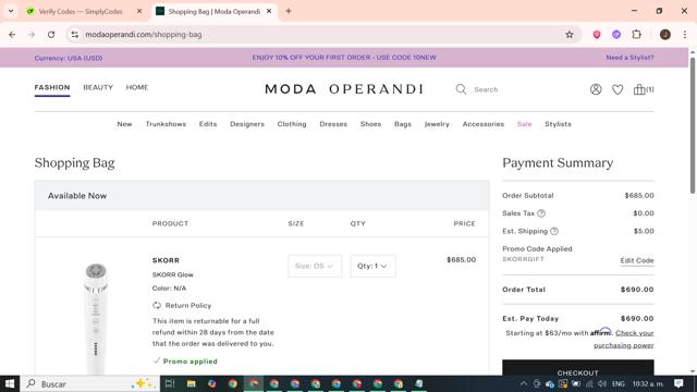 Moda Operandi checkout page showing Moda Operandi promo code box | Screenshot taken by SimplyCodes community member on Sep 2, 2025