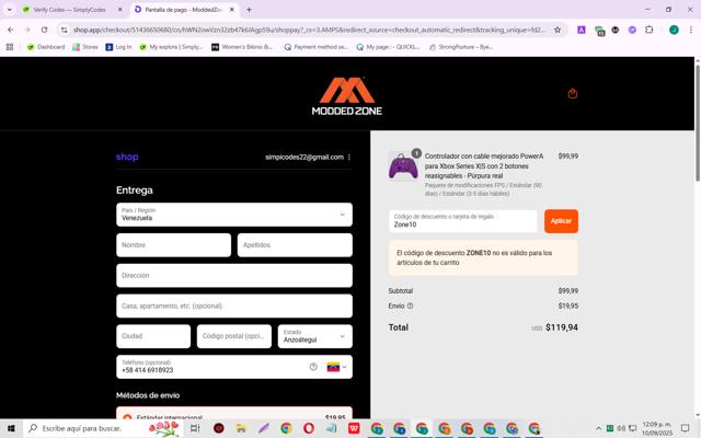 ModdedZone checkout page showing ModdedZone discount code box | Screenshot taken by SimplyCodes community member on Sep 10, 2025