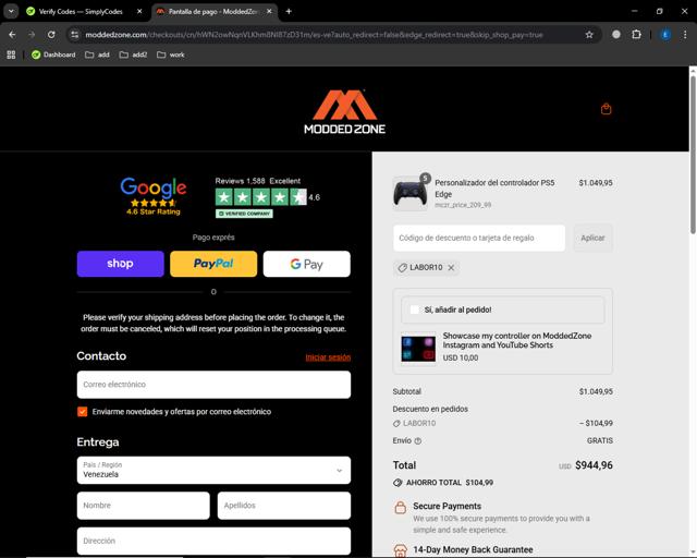 ModdedZone checkout page showing ModdedZone discount code box | Screenshot taken by SimplyCodes community member on Sep 10, 2025