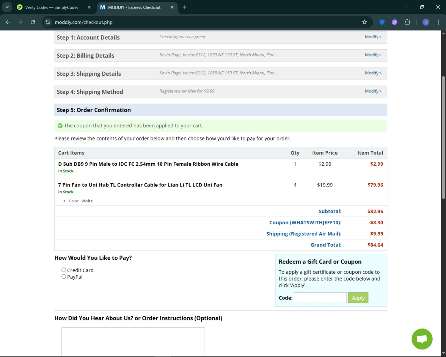 modDIY coupon code screenshot showing code WHATSWITHJEFF10 applied at modDIY checkout page. Uploaded by SimplyCodes community member KevLapage on Jun 30, 2025