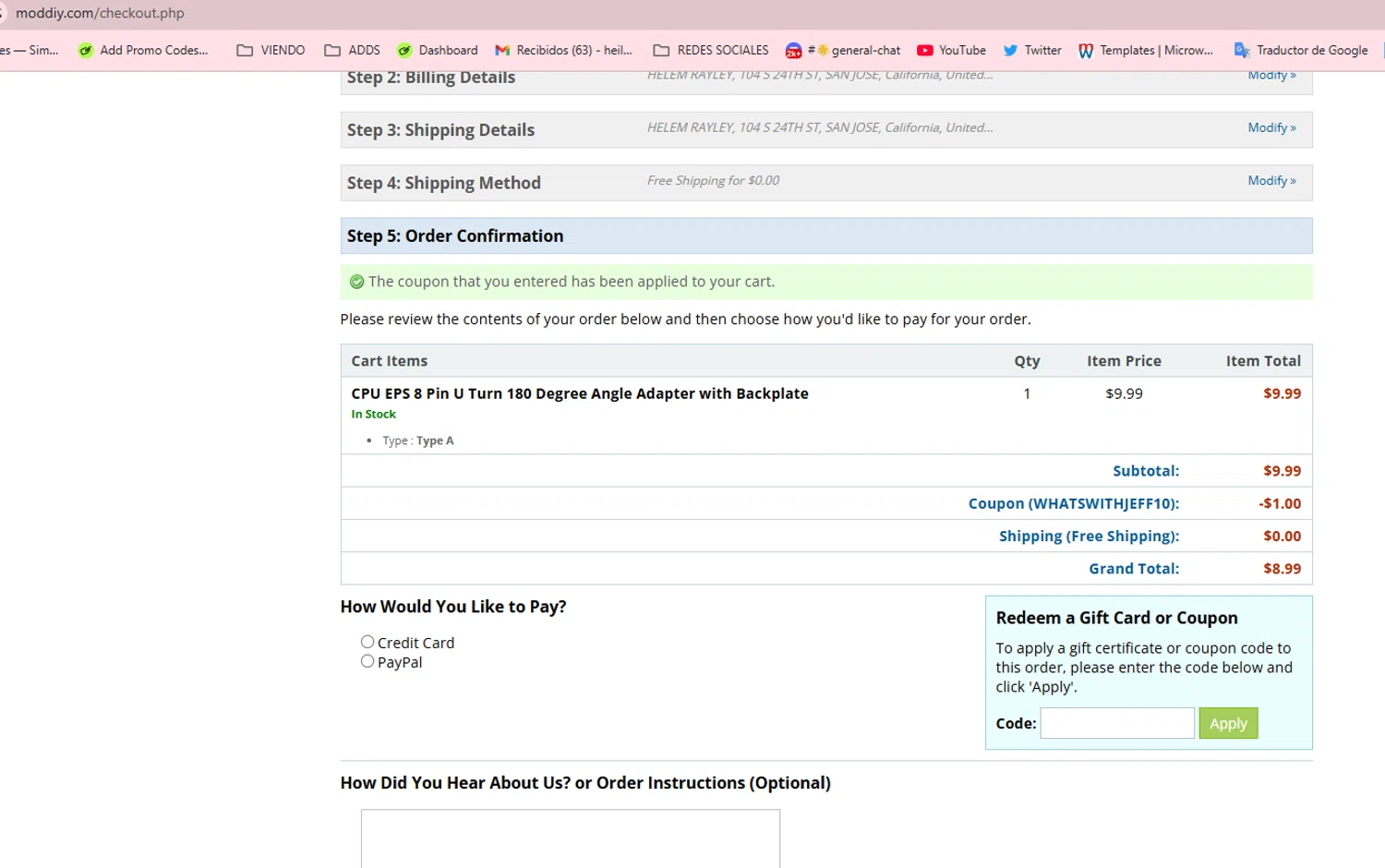 modDIY coupon code screenshot showing code WHATSWITHJEFF10 applied at modDIY checkout page. Uploaded by SimplyCodes community member aumentadax10 on May 26, 2025