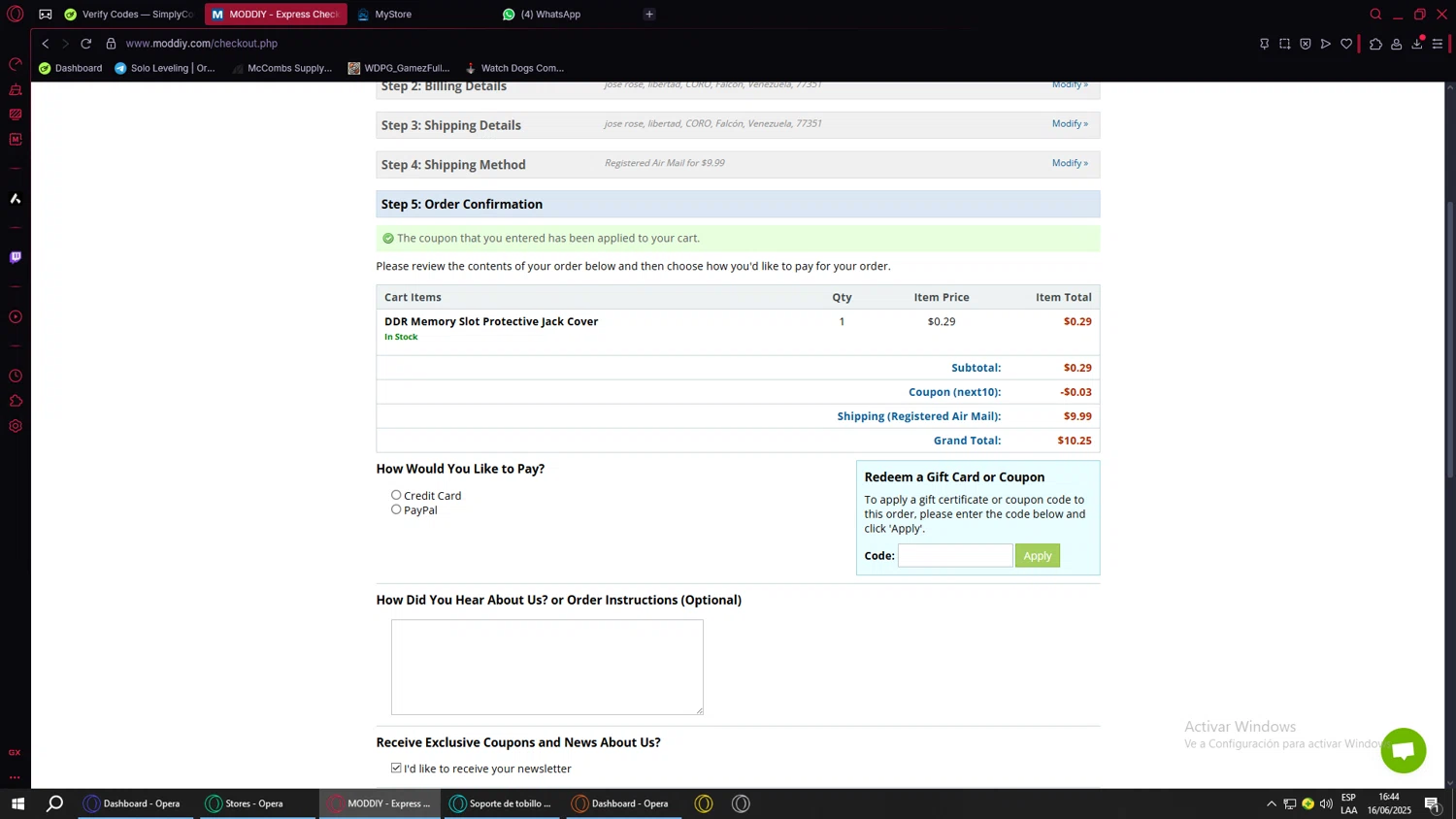 modDIY coupon code screenshot showing code NEXT10 applied at modDIY checkout page. Uploaded by SimplyCodes community member BANKAI on Jun 16, 2025