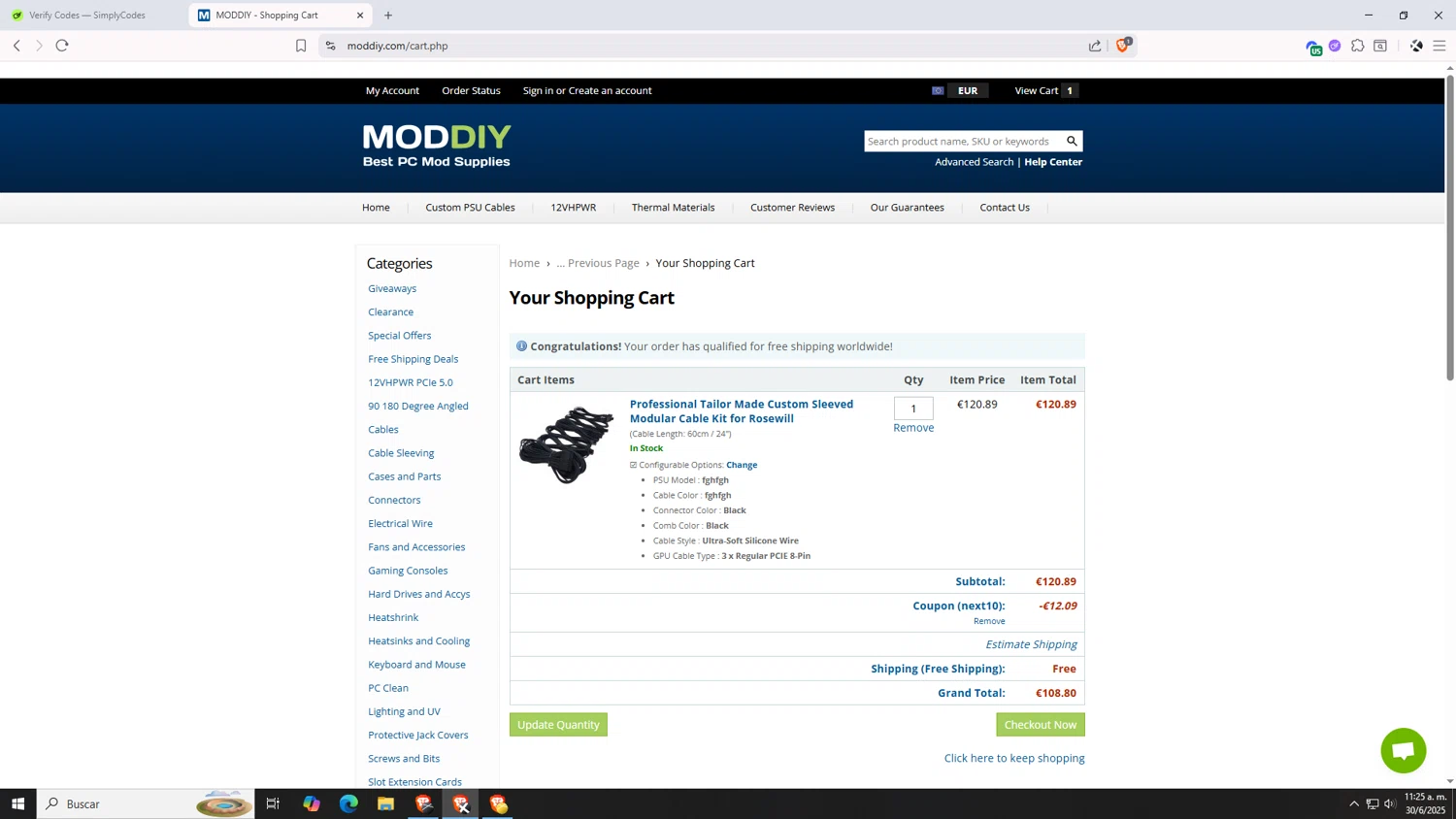 modDIY coupon code screenshot showing code NEXT10 applied at modDIY checkout page. Uploaded by SimplyCodes community member VictoriousDefender7352 on Jun 30, 2025