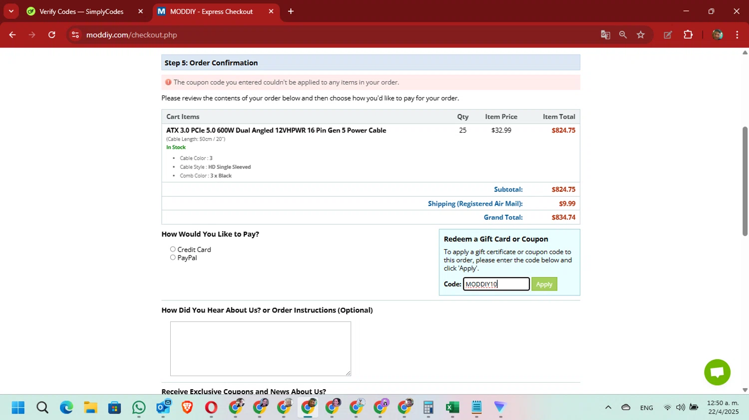 modDIY coupon code screenshot showing code MODDIY10 applied at modDIY checkout page. Uploaded by SimplyCodes community member David_Gut_Sonic on Apr 22, 2025