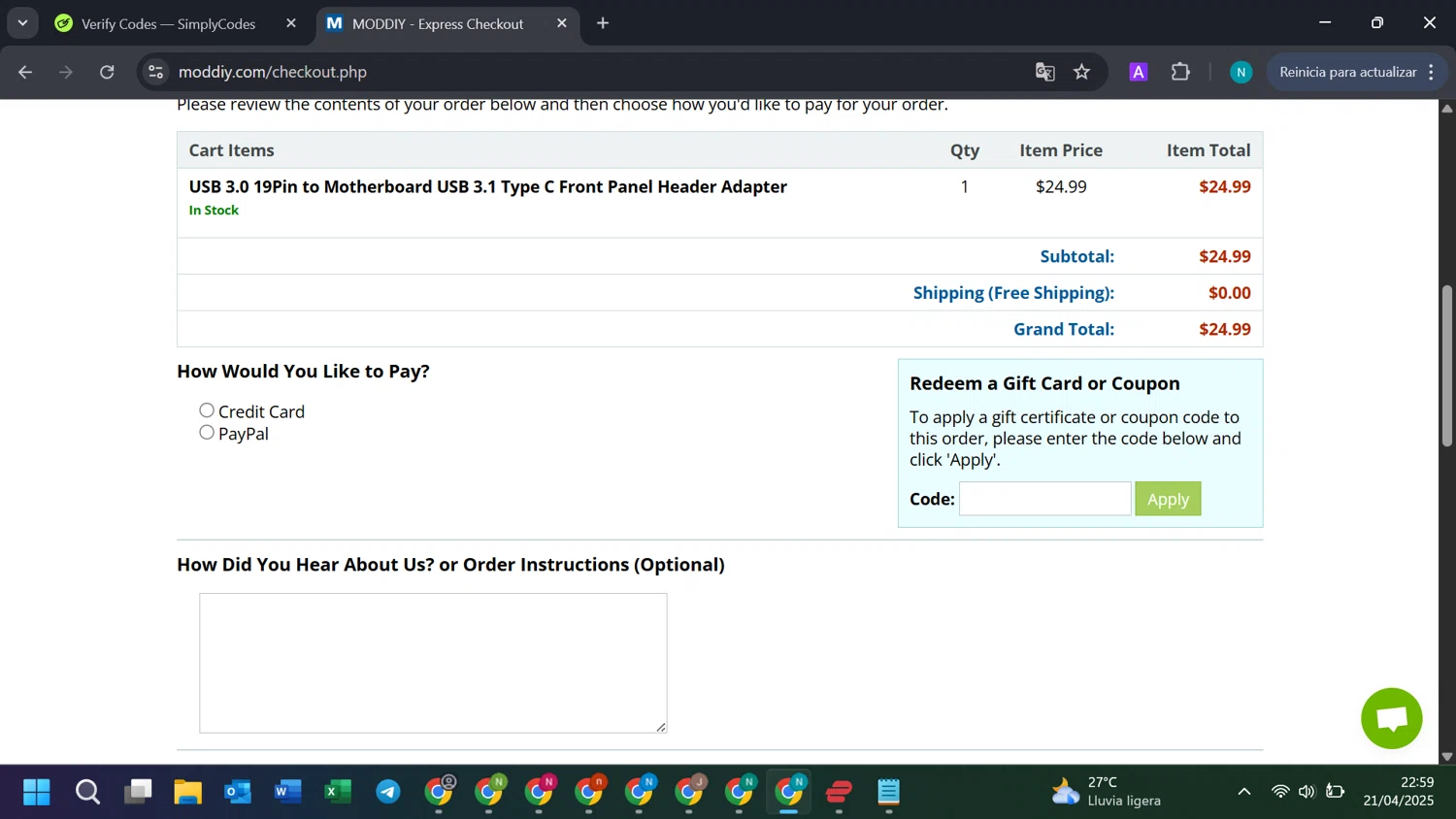 modDIY coupon code screenshot showing code MODDIY10 applied at modDIY checkout page. Uploaded by SimplyCodes community member DiscountGenius5394 on Apr 22, 2025