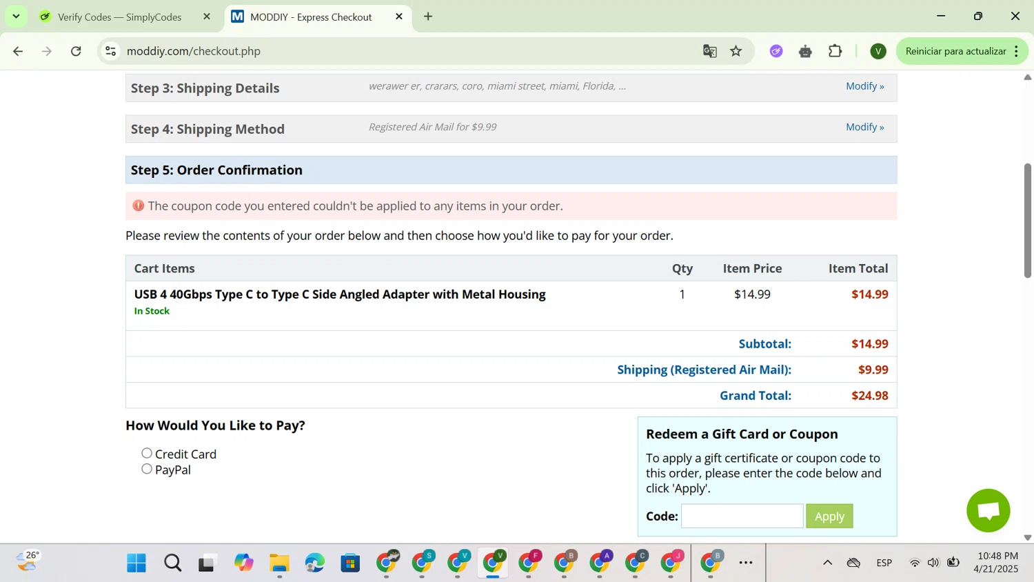 modDIY coupon code screenshot showing code MODDIY10 applied at modDIY checkout page. Uploaded by SimplyCodes community member GloriousExpert4976 on Apr 22, 2025
